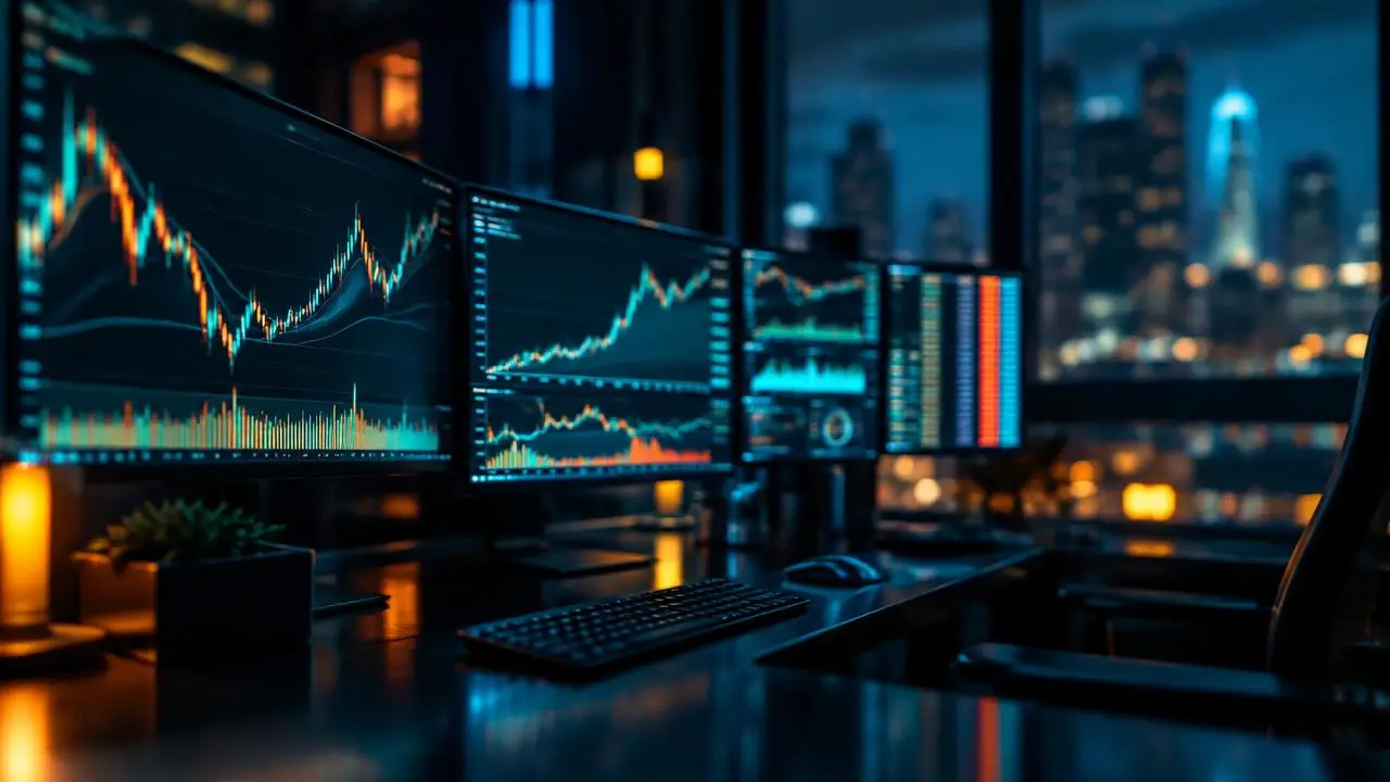 Trading desk with monitors showing electronic market charts at night